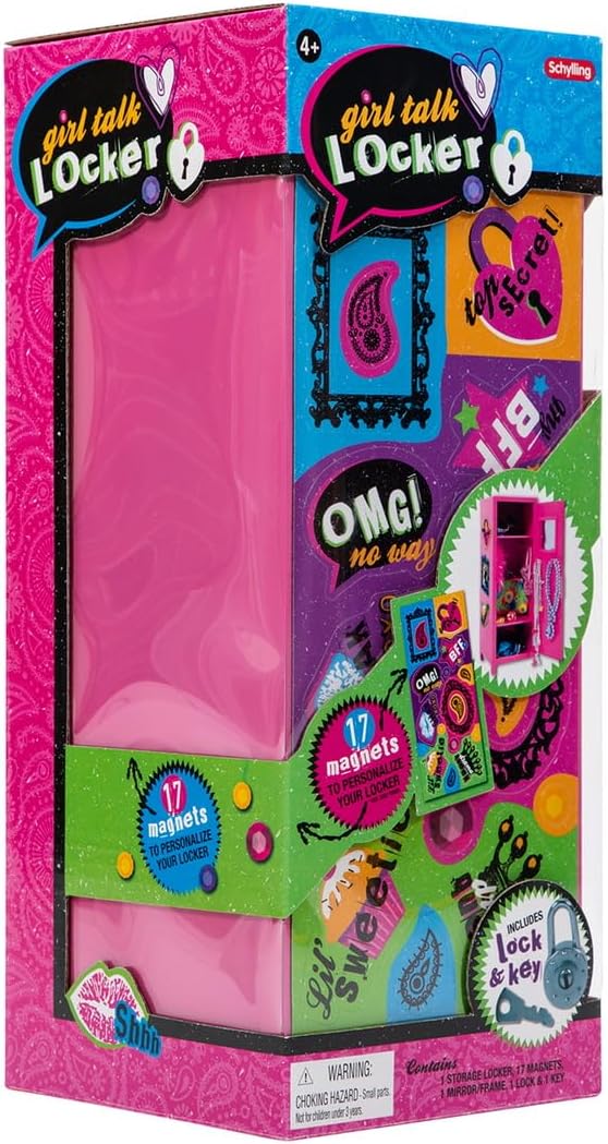 Schylling Girls Talk Pink Mini Locker - 11.25 Decorative Metal Storage Locker with 17 Mix-and-Match Magnets. Lock. and Keys - Ages 4-12