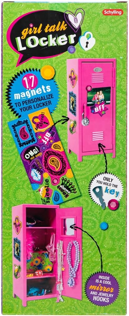 Schylling Girls Talk Pink Mini Locker - 11.25 Decorative Metal Storage Locker with 17 Mix-and-Match Magnets. Lock. and Keys - Ages 4-12